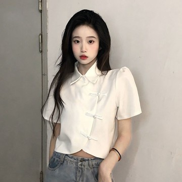 新中式改良版旂袍短款上衣夏季女裝新款不規則法式短袖襯衫 短袖衣服 夏季襯衫 短袖襯衫 休閒襯衫 POLO領襯衫