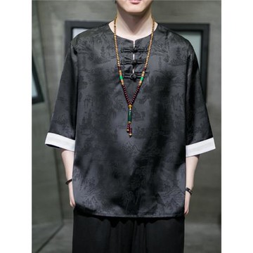 短袖男款夏季冰絲t恤中國風男裝漢服中式復古提花唐裝五分袖上衣