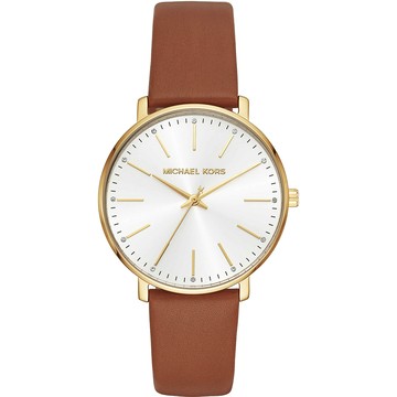 Michael Kors Pyper 紐約時尚女錶-銀x金框x咖啡色錶帶/38mm MK2740