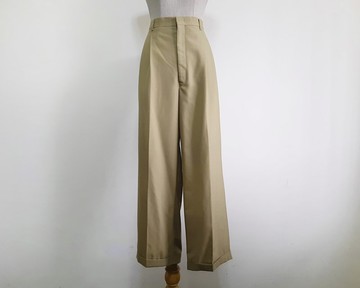 復古風男士高腰打褶棕色長褲，腰圍 33.5 英吋