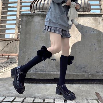 夜間教習室黑色中筒襪女春秋款毛絨蝴蝶結小腿襪子及膝高筒jk秋冬