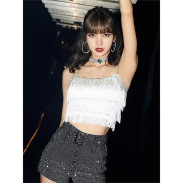 新款韓國blackpink同款lisa流蘇須水鉆吊帶背心舞臺表演短款露臍