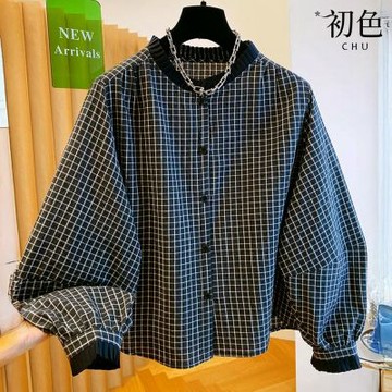 初色 韓系格子格紋木耳邊圓領排扣落肩袖長袖寬鬆襯衫上衣女上衣-黑格-19260(M-XL可選)