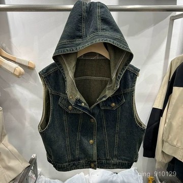 【春夏女裝】326牛仔背心 牛仔外套 夏季小外套 無袖坎肩連帽牛仔外套女馬夾小個子短款馬甲夾克上衣外搭 韓係女裝