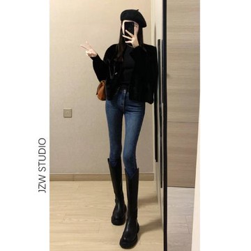 深藍色加絨緊身牛仔褲女秋冬新款高腰顯瘦修身小個子鉛筆小腳褲子