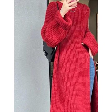 慵懶風長款紅色開叉針織衫女秋季2026新款韓版設計感氣質寬松毛衣