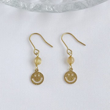 笑臉。金髮晶 天然石 黃銅耳勾 手作耳環 招財 事業