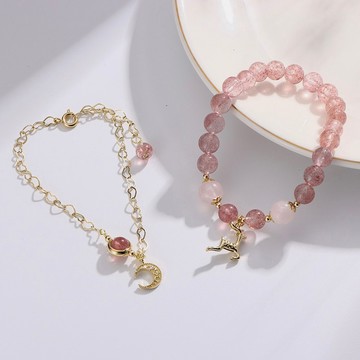 天然草莓晶手鍊 N48 日韓流行 麋鹿彈力手環 月亮草莓晶手鍊 閨蜜手鍊