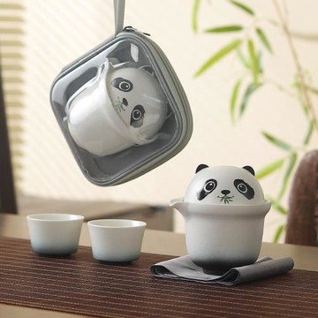 粗陶可愛熊貓旅行茶具茶杯便攜套裝化外出差一壺二杯快客杯商務禮