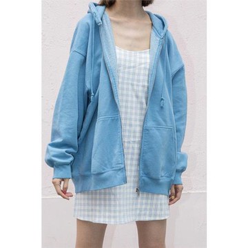 尾貨現貨BＭ加絨歐陽娜娜同款拉鏈純色寬松連帽衛衣帽衫