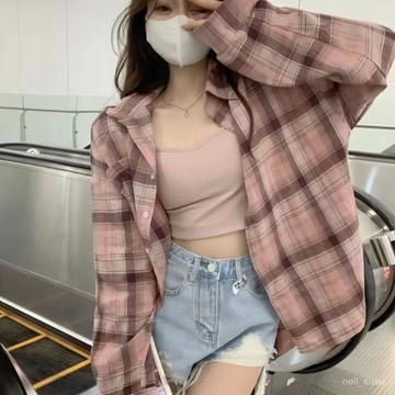 P3-【限時特賣】 長袖上衣 長袖T恤 辣妹上衣 女生上衣 爆款粉色POLO領格子襯衫外套女裝2023年春夏季新款中長款