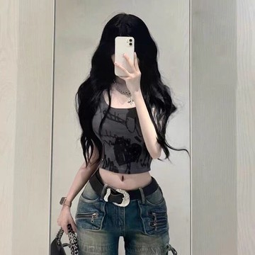 短款上衣 女裝 辣妹修身上衣 衣服辣妹修身顯瘦短款露臍短袖上衣女夏季純欲風韓版塗鴉印花性感T恤3/4