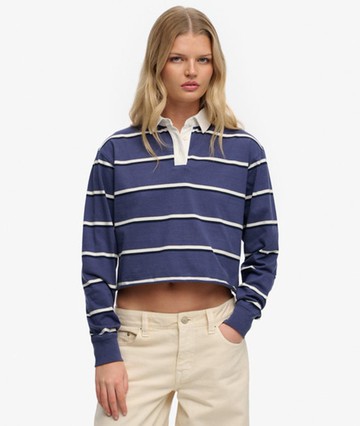Superdry Women's Athletic Essentials Cropped Stripe Rugby Top Navy Size: 6