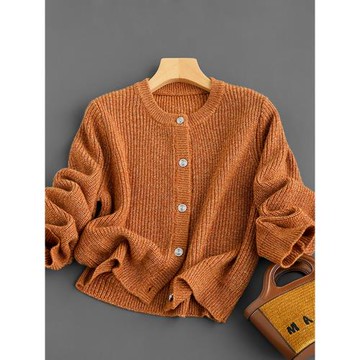 時髦南瓜色小香短款羊毛針織開衫女春2025新款疊穿高克重圓領毛衣