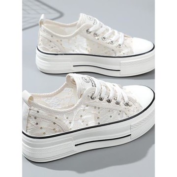 明星帆布鞋女2025夏季薄款網面蕾絲小白鞋內增高網鞋百搭休閑板鞋