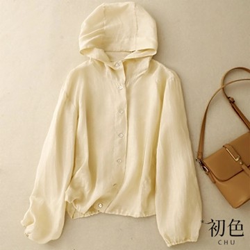 初色 夏季大碼棉麻風素色寬鬆防曬鈕扣長袖連帽外套-共4色-12586(M-2XL可選)