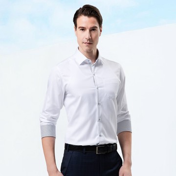 Pierre Cardin 男襯衫 修身版舒適抗皺棉混紡商務素色長袖襯衫_白色(01964-90)