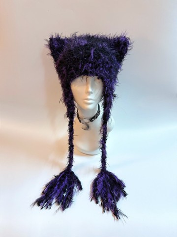 黑紫色龐克貓耳帽 | 另類哥德貓耳針織帽 適合演唱會和音樂節