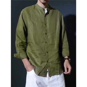 男款純亞麻襯衫薄款長袖休閑春秋寬松立領復古襯衣純色上衣潮流