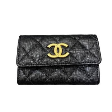CHANEL 經典雙C金絲線 LOGO魚子醬二層扣式零錢包/卡包(黑金)