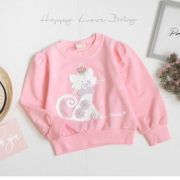 甜美精緻珍珠貓咪長袖上衣 秋冬童裝 女童上衣 女童長袖 女童棉T 女童T恤 長袖上衣 秋冬上衣