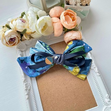 彈夾-拼接棉布蕾絲蝴蝶結自動夾髮夾髮飾頭飾-藍色繡球花