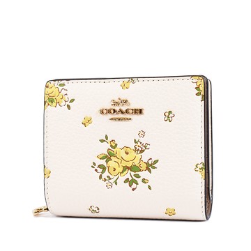 COACH 立體浮雕花卉荔枝紋釦式拉鍊袋短夾-白色