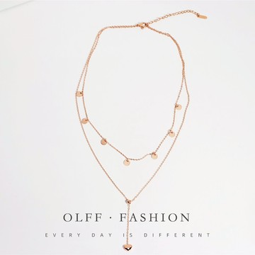 雙層圓片愛心流蘇項鏈鈦鋼鍍18K玫瑰金鎖骨鏈短款時尚飾品女禮物1入