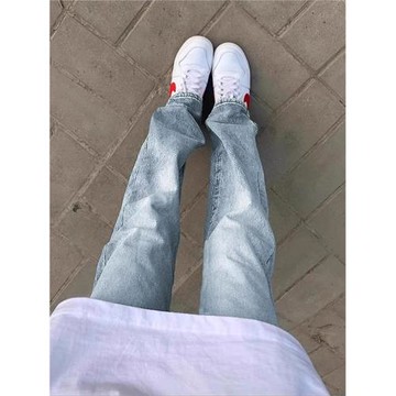 美式復古cleanfit牛仔褲男春秋新款高街潮牌穿搭淺藍色彎刀微喇褲