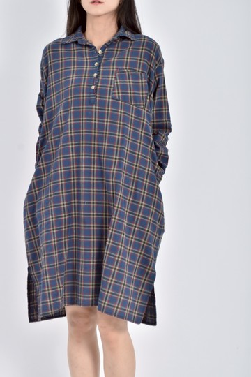 加購優惠(XL) 質感格紋長袖襯衫感藍色洋裝