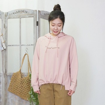 Hana-Mokuba花木馬日系女裝插肩袖前短後長彈力繩收口休閒帽T_中粉/杏