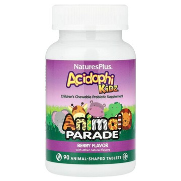 NaturesPlus, Animal Parade® AcidophiKidz®，兒童益生菌咀嚼片，漿果味，90 片動物狀片劑