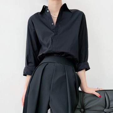 黑色襯衫女秋季2023年新款夏百搭韓版時尚設計感小眾正肩疊穿襯衣