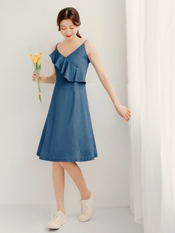 涼感．天絲丹寧荷葉收腰牛仔中洋裝