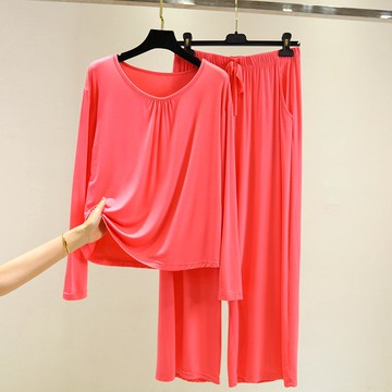 秋季莫代爾睡衣長袖長褲兩件套女大碼家居上衣薄款寬松打底衫套裝