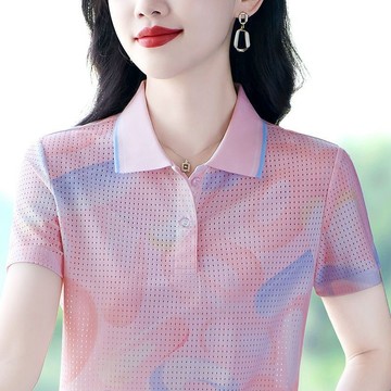 中年媽媽翻領polo衫 上衣 polo衫 短袖衫 休閒上衣 夏季印花減齡洋氣女士上衣 大尺碼衣服 韓版女裝 春秋冬服飾
