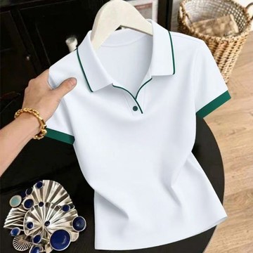 素色寬鬆polo衫 上衣 短袖衫 POLO衫 夏季新款女寬鬆翻領短袖POLO衫休閒洋氣大碼遮肚上衣 韓版女裝