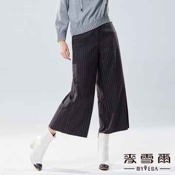 MYVEGA麥雪爾 直條紋鬆緊後腰八分寬褲-黑