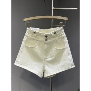 韓系辣妹時髦排扣高腰設計感緊身顯瘦白色時尚水洗包臀牛仔短褲女