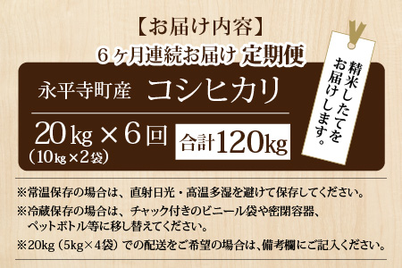 令和5年度産 永平寺町産 コシヒカリ 20kg×6ヶ月（計120kg）　[L-033080]