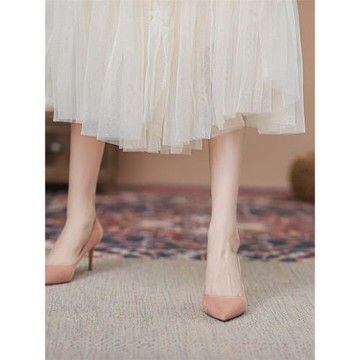 飛燕女鞋2024春夏新款尖頭豆沙色單鞋細跟伴娘職業小碼四季高跟鞋