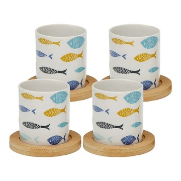 VERSA 杯墊 4個 + 瓷製茶杯 4個 80ml  繽紛小魚 白色  1組