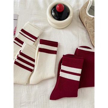 安可拉紅色條紋襪子女中筒百搭款純棉鯊魚褲外穿運動長襪子ins潮