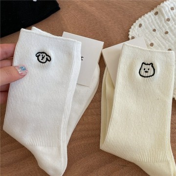 春夏熱款🔥 新款刺繡 小狗雙針 舒服棉襪 中筒襪 薄款 女生 ins 日系 春夏 簡約 堆堆襪 小紅書同款