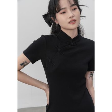 覓定黑色改良旗袍裙新中式連衣裙女夏國風立領裙子氣質長裙小黑裙