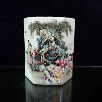 古玩收藏 粉彩人物童子圖六方筆筒 仿古瓷器嬰戲圖擺件 文房四寶