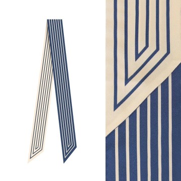 retar 普魯士藍淺卡其條紋緞帶式長條絲巾髮帶腰帶桑蠶絲真絲圍巾