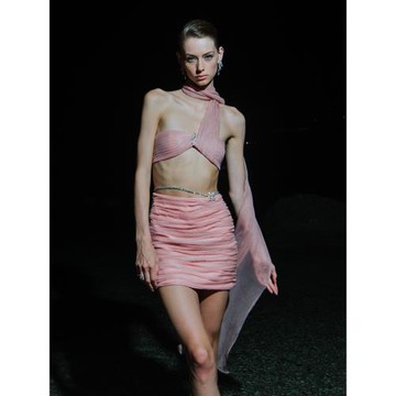 【折】Nana Jacqueline NJ珊瑚鋯石裝飾壓褶飄帶抹胸上衣褶皺半裙