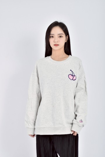 (L) kirsh質感棉質純棉刺繡櫻桃灰色長袖上衣