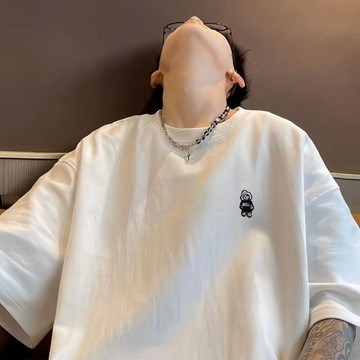 刺繡100%純棉重磅簡約白灰色短袖T恤男夏季百搭休閒寬鬆半袖上衣重磅簡約T恤 7H